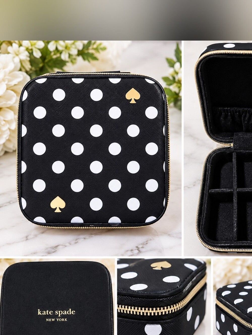 kate spade Black and White Polka Dot Travel Jewelry Box with Gold Accents